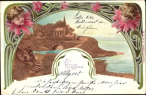 Passepartout Litho Hilgert im Kannenbäckerland, Putten, Ortspartie mit Kirche, Paar