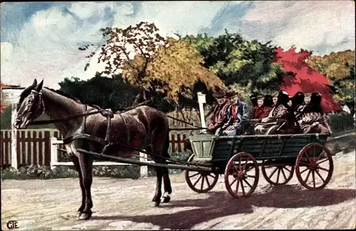 Ak Volkstrachten Schaumburg Lippe, Pferdewagen, Männer auf dem Kutschbock, Frauen in Tracht