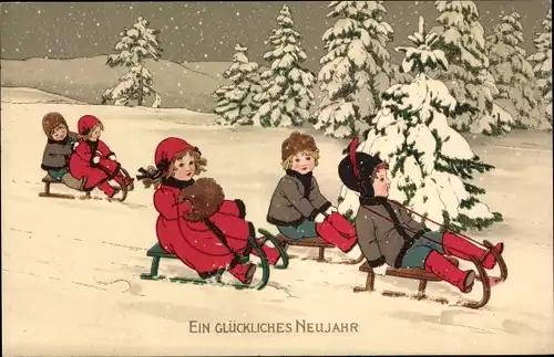 Künstler Litho Schlitten, Kinder, Winterlandschaft, Meissner & Buch 1928