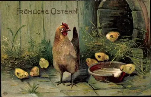 Präge Ak Glückwunsch Ostern, Küken, Henne