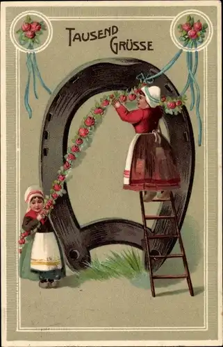 Passepartout Präge Ak Frauen schmücken Hufeisen  mit Blumenranken