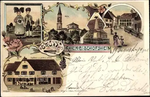 Litho Rheinbischofsheim Rheinau in Baden, Hanauer Pärchen in Tracht, Gasthof zum Goldenen Löwen