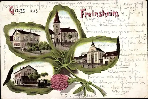 Litho Freinsheim an der Weinstraße Pfalz, Restauration zum Bahnhof, Ev. u. Kath. Kirche, Bahnhof