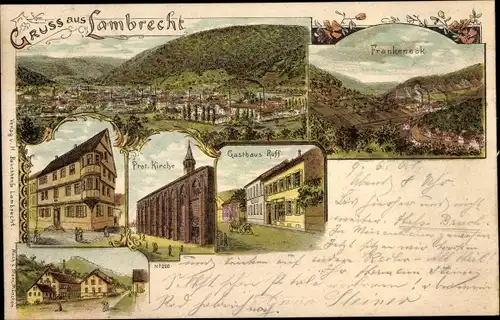 Litho Lambrecht in der Pfalz, Frankeneck, Prot. Kirche, Gasthaus Ruff