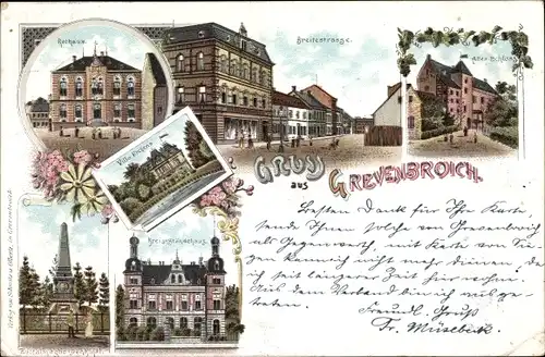 Litho Grevenbroich in Westfalen, Rathaus, Breitestraße, Villa Erckens, Kreisständehaus