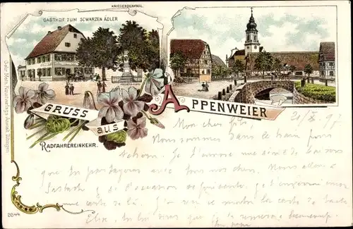 Litho Appenweier in Baden Schwarzwald, Gasthof zum schwarzen Adler, Radfahrereinkehr