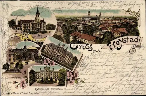 Litho Kożuchów Freystadt Schlesien, Gnadenkirche, Denkmalplatz, Krankenhaus
