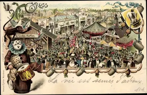 Litho München Bayern, Oktoberfest, Fahrgeschäfte, Glückshafen