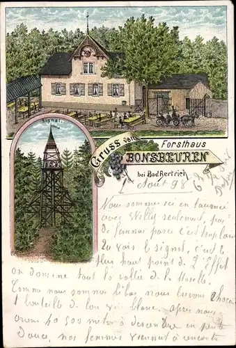 Litho Bonsbeuern Hontheim in der Eifel, Forsthaus, Signalturm