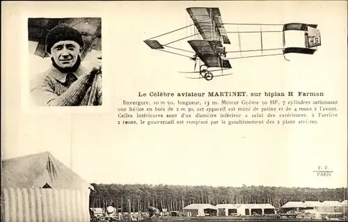 Ak L'Aviateur Martinet, sur biplan H. Farman, Flugpionier, Doppeldecker, Flugzeug