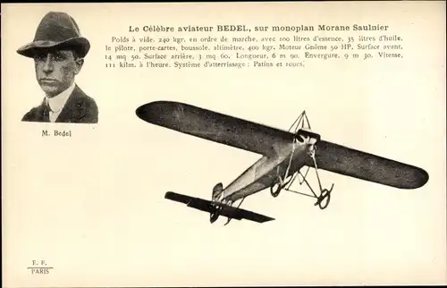 Ak Celebre aviateur M. Bedel, sur monoplan Morane Saulnier, Flugpionier, Flugzeug