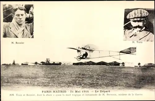 Ak Paris Madrid 1911, Le Depart, Train et Bonnier, Flugpioniere, Flugzeug