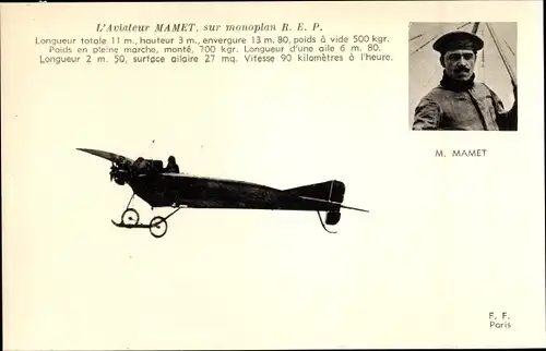 Ak L'Aviateur Mamet, Monoplan REP, Pilot, Flugpionier, Flugzeug