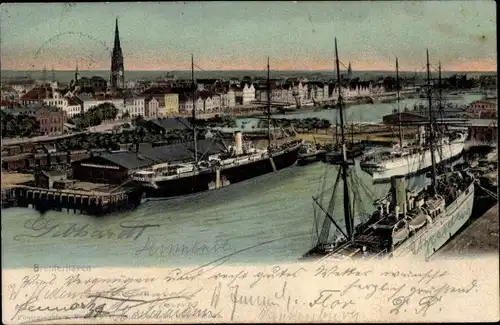 Ak Bremerhaven, Hafenanlagen, Stadtpanorama, Dampfer