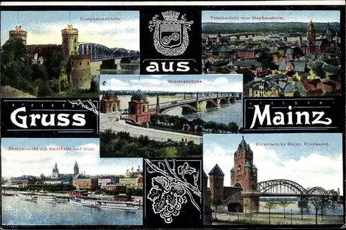 Ak Mainz am Rhein, Eisenbahnbrücke, Totalansicht vom Stefansturm, Stadthalle, Dom