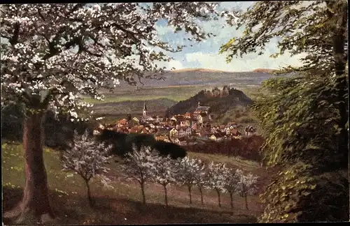 Ak Lindenfels im Odenwald Hessen, Panorama von der Ortschaft, Burg, Blütezeit