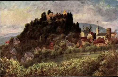 Künstler Ak Lindenfels im Odenwald Hessen, Blick zur Burg