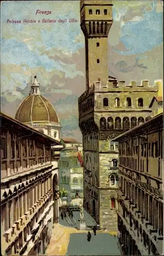 Litho Firenze Florenz Toscana, Palazzo Vecchio e Galleria degli Uffizi