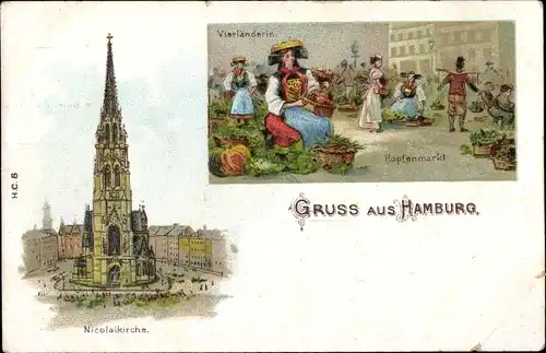 Litho Hamburg, Vierländerin in Tracht auf dem Hofenmarkt, Nicolaikirche