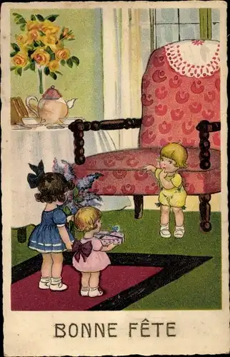 Ak Glückwunsch Geburtstag, Bonne Fete, Mädchen mit Blumenstrauß, Kuchentafel
