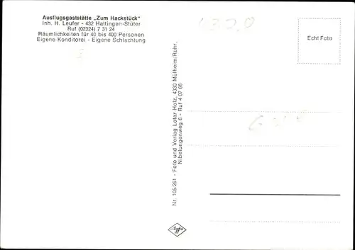 Ak Niederstüter Hattingen an der Ruhr, Zum Hackstück, Terrasse, Gasträume, Gesamtansicht