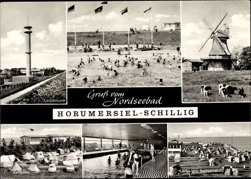 Ak Horumersiel Schillig Wangerland Friesland, Leuchtturm, Windmühle, Bäder, Zeltplatz, Strand