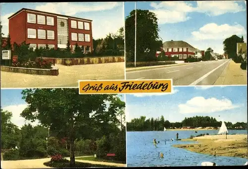 Ak Friedeburg Niedersachsen, Schule, Strandbad, Parkanlage, Straßenpartie