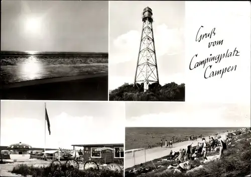 Ak Campen Krummhörn in Ostfriesland, Campingplatz, Strand, Leuchtturm