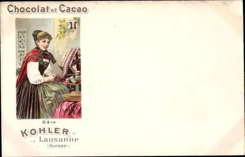 Künstler Ak Chocholat et Cacao, Kohler, Lausanne, Reklame, Frau in Tracht, Bale, Wappen