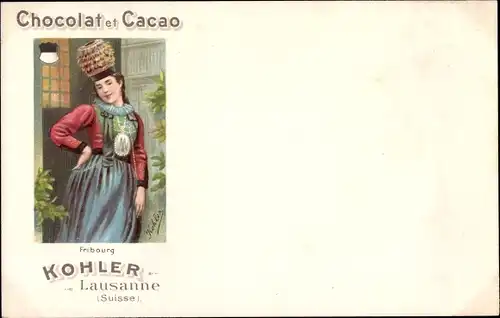 Künstler Ak Chocholat et Cacao, Kohler, Lausanne, Reklame, Frau in Tracht, Fribourg, Wappen
