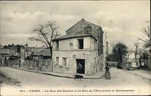 Ak Paris XVIII. Arrondissement Buttes-Montmartre, La Rue des Saules et la Rue de l'Abreuvoir