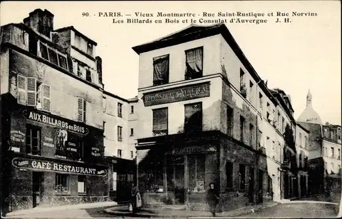 Ak Paris XVIII. Arrondissement Buttes-Montmartre, Rue Saint Rustique et Rue Norvins, Cafe-Restaurant