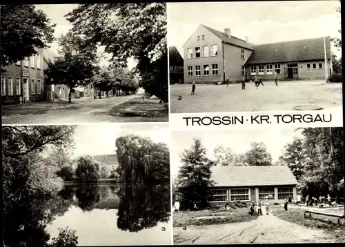 Ak Trossin in Nordsachsen, POS, Falkenberger Straße, Dorfteich, Kindergarten