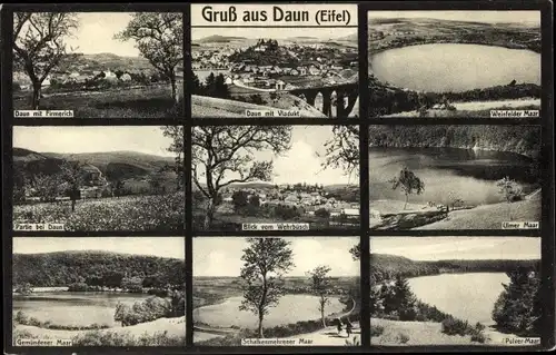 Ak Daun in der Eifel Rheinland Pfalz, Teilansichten, Ulmer Maar, Pulver Maar, Wehrbusch