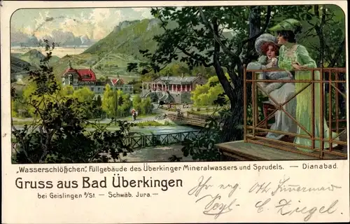 Litho Bad Überkingen in Württemberg, Wasserschlösschen, Dianabad, Damen an Aussichtsterrasse