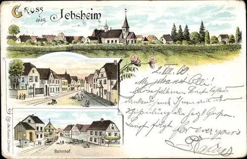 Litho Jebsheim Haut Rhin, Bahnhof, Ortsansichten