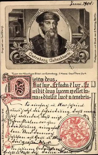 Ak Gutenberg Gedenkkarte, Portrait, Druckerpresse, Typografie, Bibelzitat Moses 1.3-4, Wappen