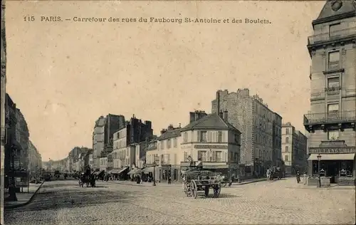 Ak Paris XI. Arrondissement Popincourt, Carrefour des rues du Faubourg St. Antoine et des Boulets
