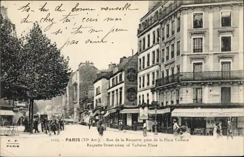 Ak Paris XI. Arrondissement Popincourt, Rue de la Roquette prise de la Place Voltaire