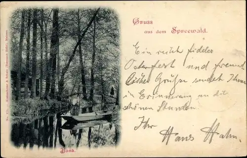 Ak Spreewald, Eine Bank, Spreewälder, Gondelfahrt