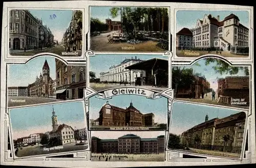 Ak Gliwice Gleiwitz Oberschlesien, Ring, Rathaus, Bahnhof, Ulanenkaserne, Hauptpostamt, Schule