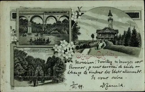 Mondschein Litho Görlitz in der Lausitz, Weinberghaus, Viadukt, Laufsteg, Stadtpark, Humboldtdenkmal