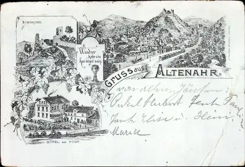 Litho Altenahr im Ahrtal, Gesamtansicht, Burgruine, Hotel zur Post