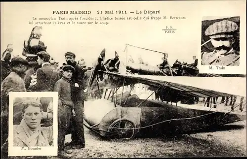 Ak Raid Paris-Madrid, 21. Mai 1911, Bonnier, Train, Le Départ, Piloten, Flugpioniere