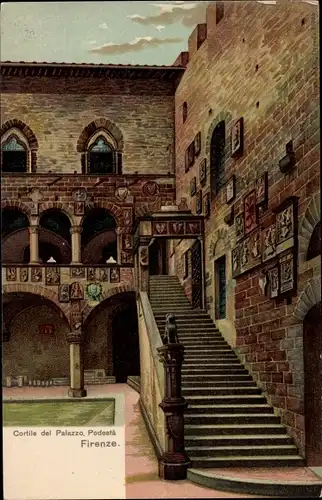 Litho Firenze Florenz Toscana, Cortile del Palazzo, Podestà