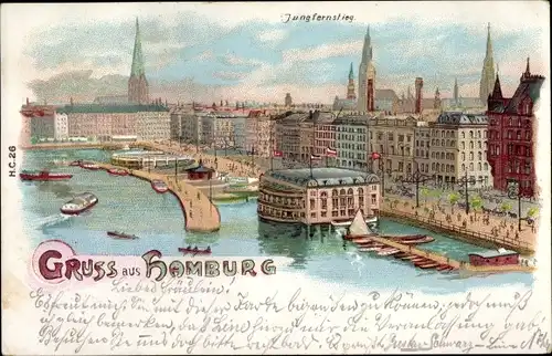 Litho Hamburg Mitte Altstadt, Jungfernstieg, Hafenblick