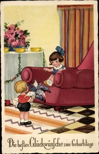 Ak Glückwunsch Geburtstag, Kind mit Blumenstrauß, Mädchen im Sessel