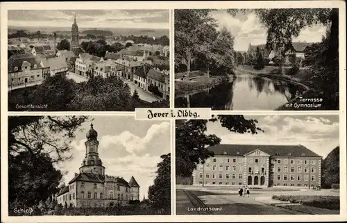 Ak Jever in Friesland, Terrasse mit Gymnasium, Gesamtansicht, Schloss, Landratsamt