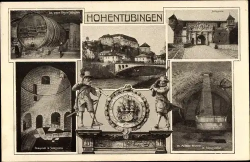 Ak Schloss Hohentübingen, großes Fass im Schlosskeller, Fehmgericht, Brunnen, Schlossportal  