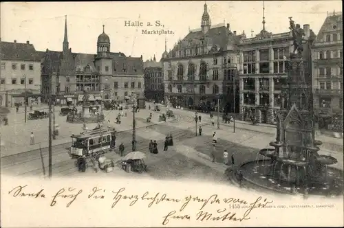Ak Halle an der Saale, Marktplatz, Brunnen, Straßenbahn